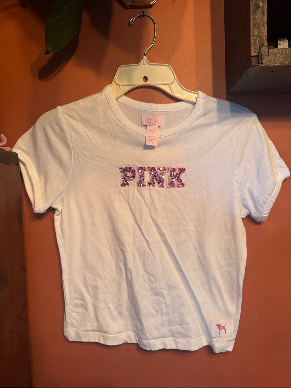 PINK Victoria's Secret White Short Sleeve Tee with Pink Sequin Logo
